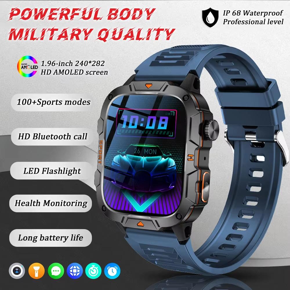 2025 New Military Grade Smart Watch Men 1.96" AMOLED Screen 5ATM Waterproof Sports Fitness Tracker BT Call Smartwatch For Xiaomi