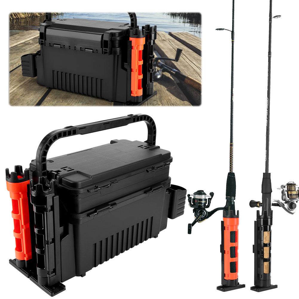 2 Tier Fishing Tackle Box Fishing Gear Box with Cup & Rod Holder Fishing Tackle Storage Box Fishing Tool Box Fishing Accessories