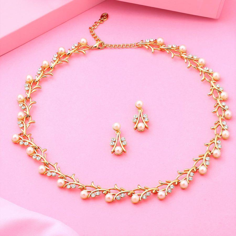 Estele Necklace Set for Women with Gold Plated Sparkling White Crystals and Stones