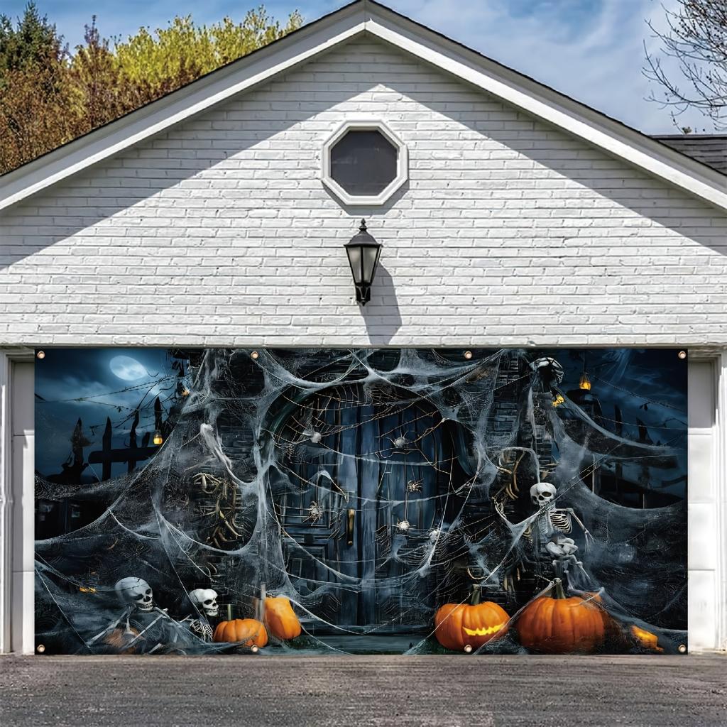 1 Halloween garage polyester banner - ghost spider web door with skull and pumpkin design perfect for holiday decoration