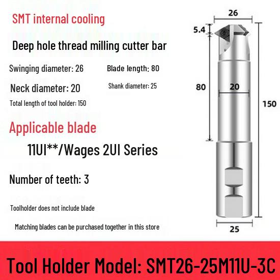 Deep Hole Internal Thread Milling Cutter with Coolant, Imperial/Metric Shank, US 11UI/16UI