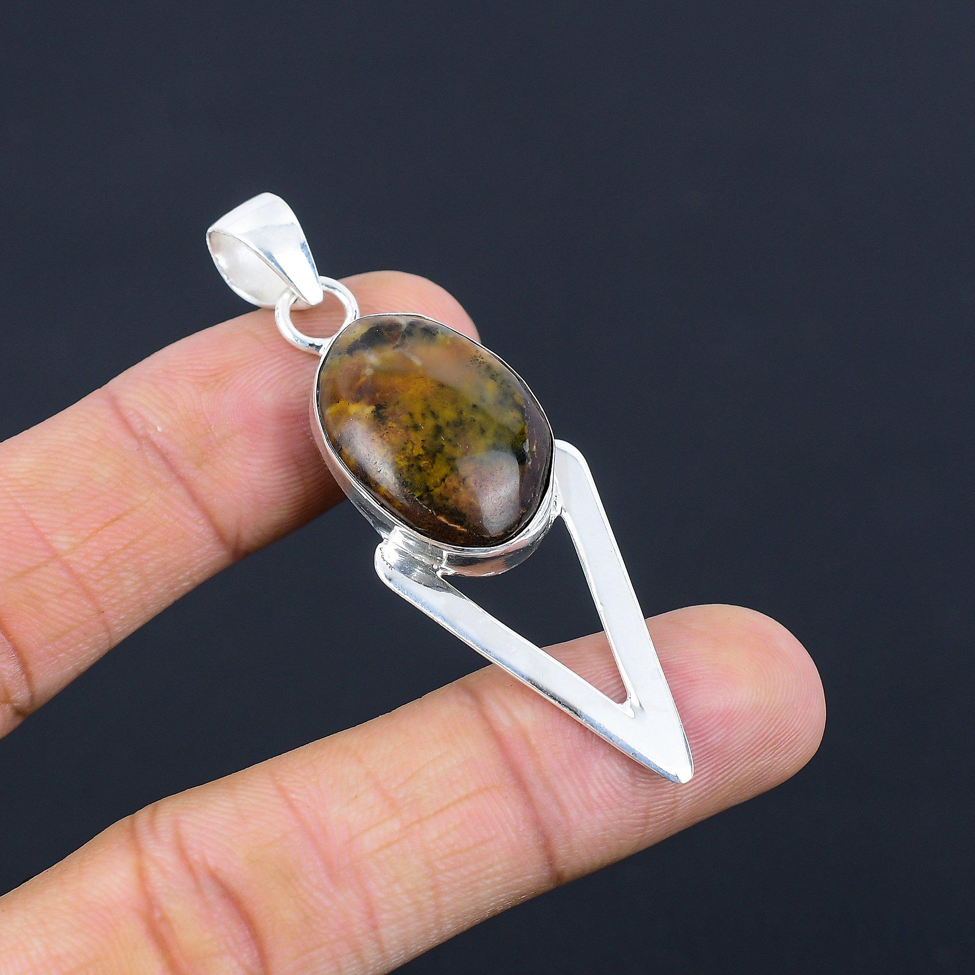 Friendship Day Sale 925 Sterling Silver Honey Dendrite Stone Bezel Boho Pendant