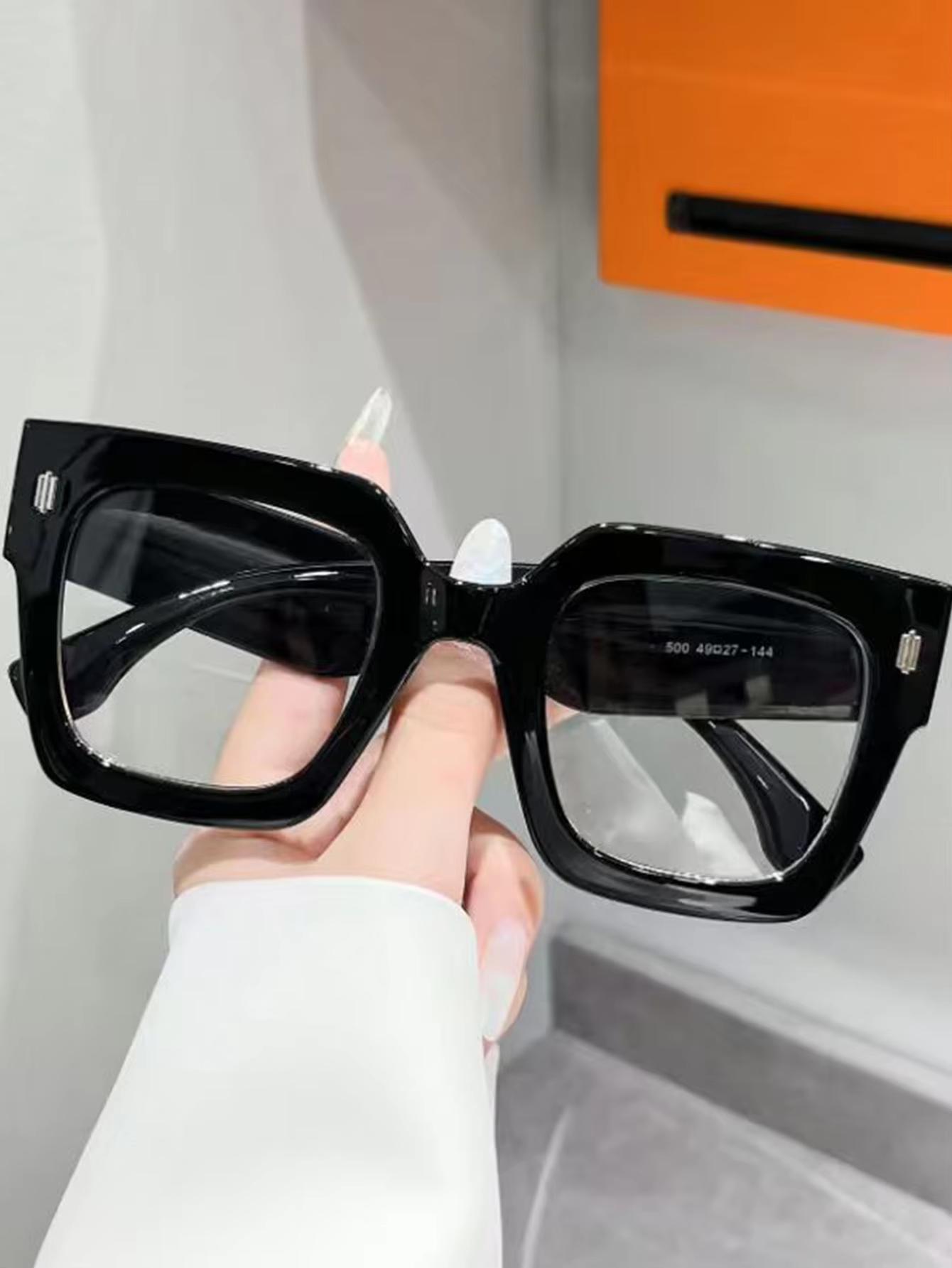 

1Pc Oversized Square Frame Glasses Fashion Accessory/Metal Stud Design/Clear Lenses Daily Wear Reading Office Study