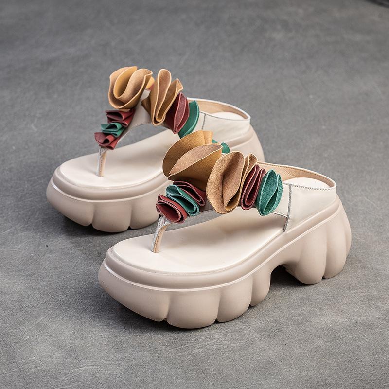 

Johnature модные тапочки с цветочным принтом на толстой подошве, уличные шлепанцы из натуральной кожи, женская обувь на платформе в стиле ретро 39 бежевый