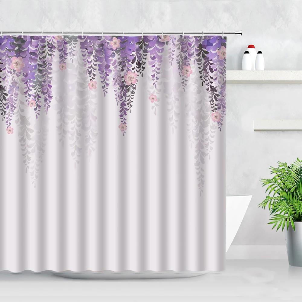 Purple Floral Shower Curtains Waterproof Bath Screen Wisteria Flower Butterfly Lavender Bathtub Decor Bathroom Curtain Baño
