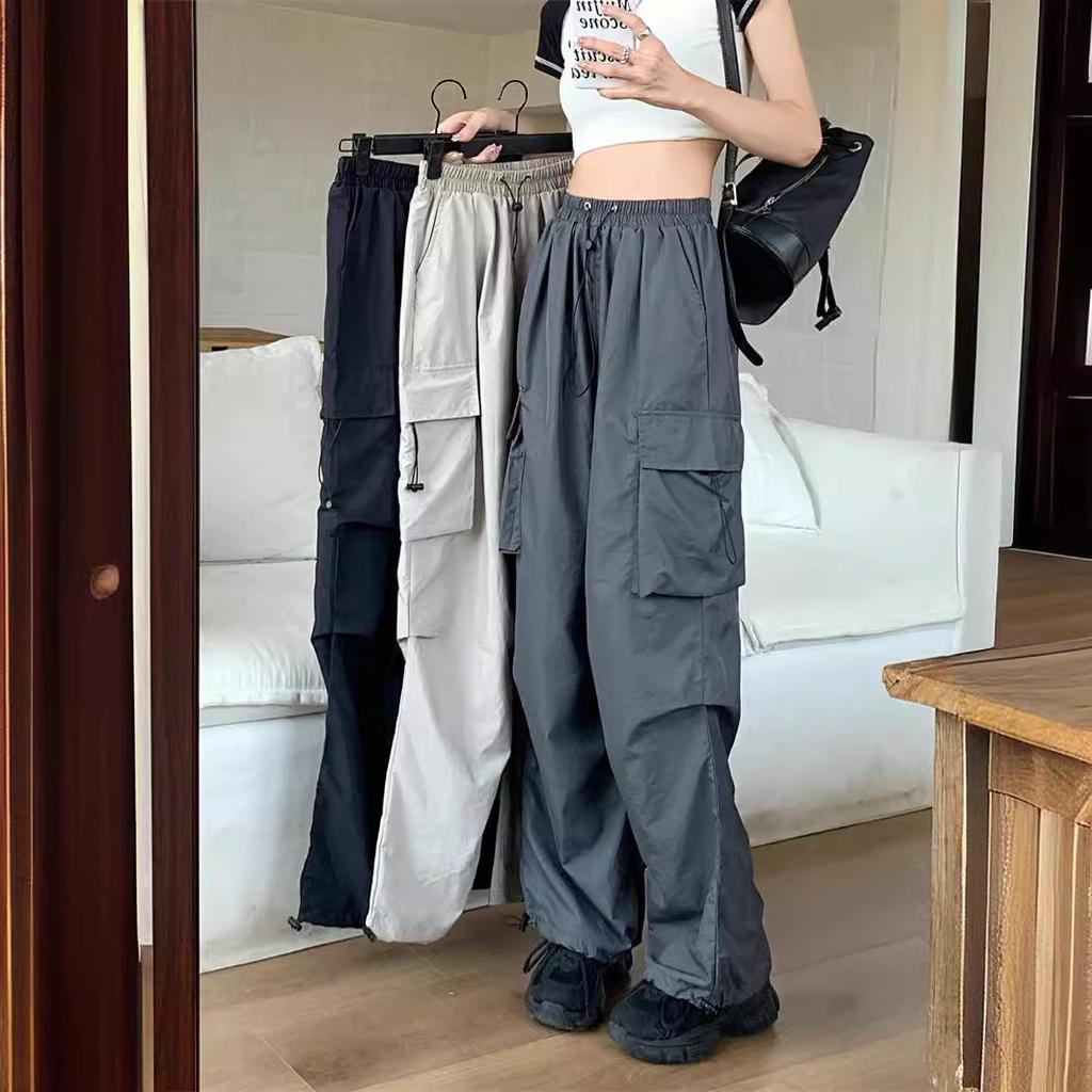 Women High Waist Wide Leg Cargo Pants Thin Drawstring Multi Pocket Loose Casual Outdoor Trousers
