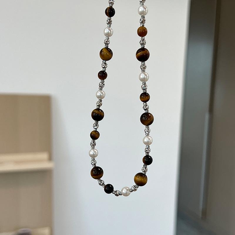 New Trendy Natural Tiger Eye Stone Bracelet Pearl Collar Chain Necklace for Women Punk Vintage Handmade Beads Jewelry Set Gifts