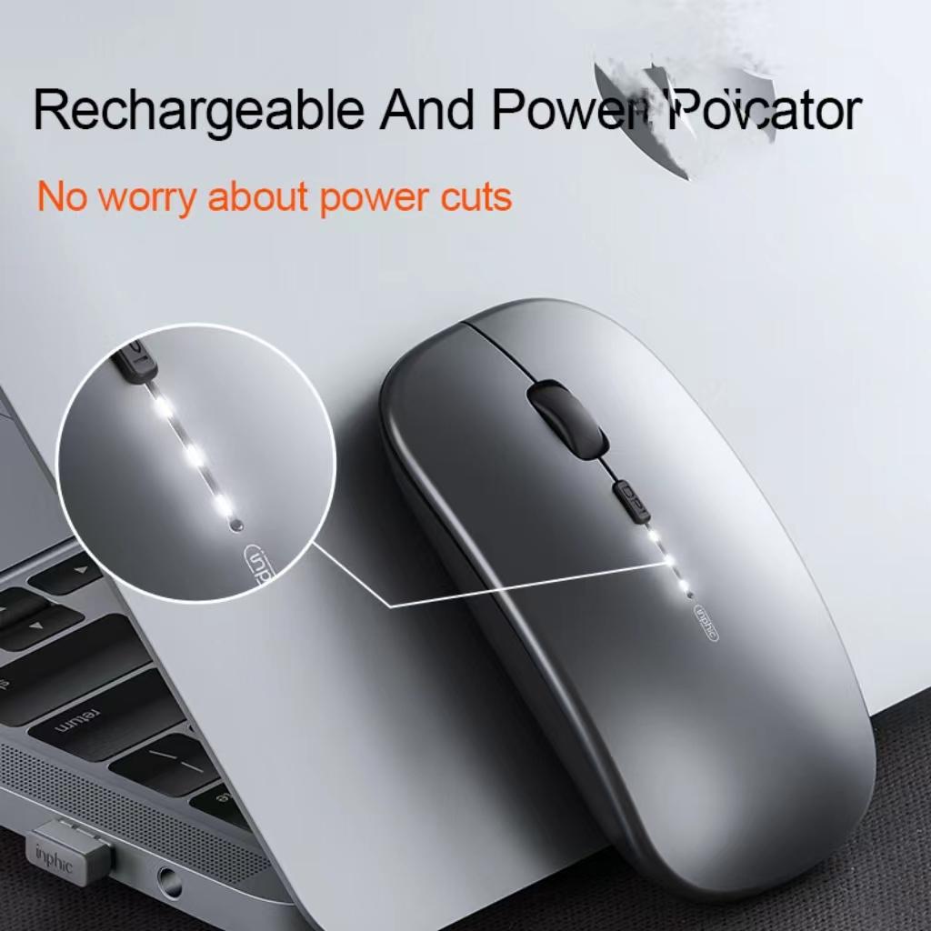 INPHIC M1P Wireless Mouse Rechargeable 1600Dpi Ultra Slim Mute Mouse 2.4G + Dual Mode Bluetooth Mouse for iPad Tablets Laptop LED Power Display