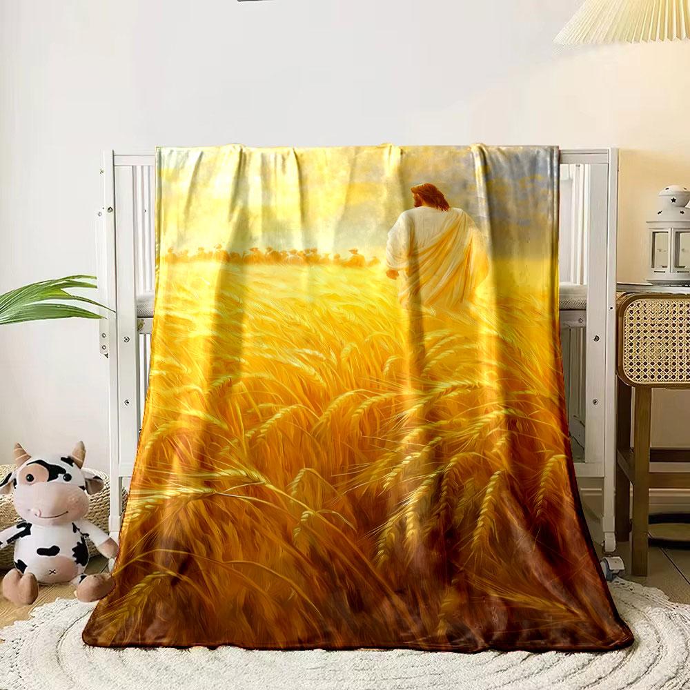 Jesus In Wheat Field Cozy Blanket Printed Blanket for Living Room Bed Couch Lunch Break Soft Cozy Blanket for Friend's Festival Gift