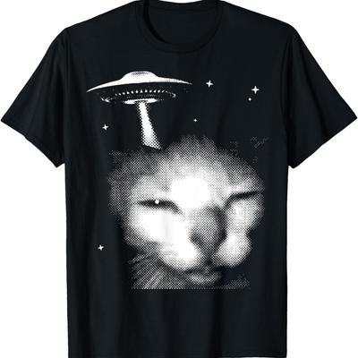 Alien Cat Meme UFO Vintage Graphic Tee Y2K Funny Silly Cat T-Shirt