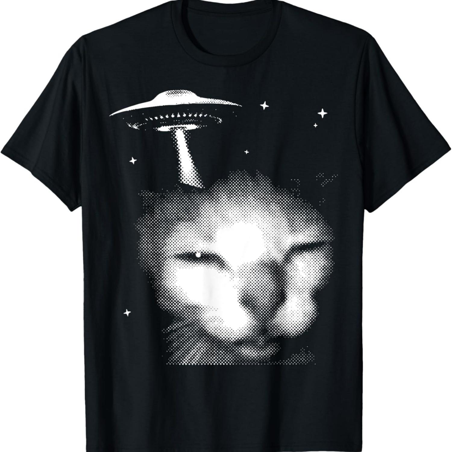 Мем с инопланетным котом НЛО Винтажная графическая футболка Y2K Смешная глупая футболка с котом S чёрный