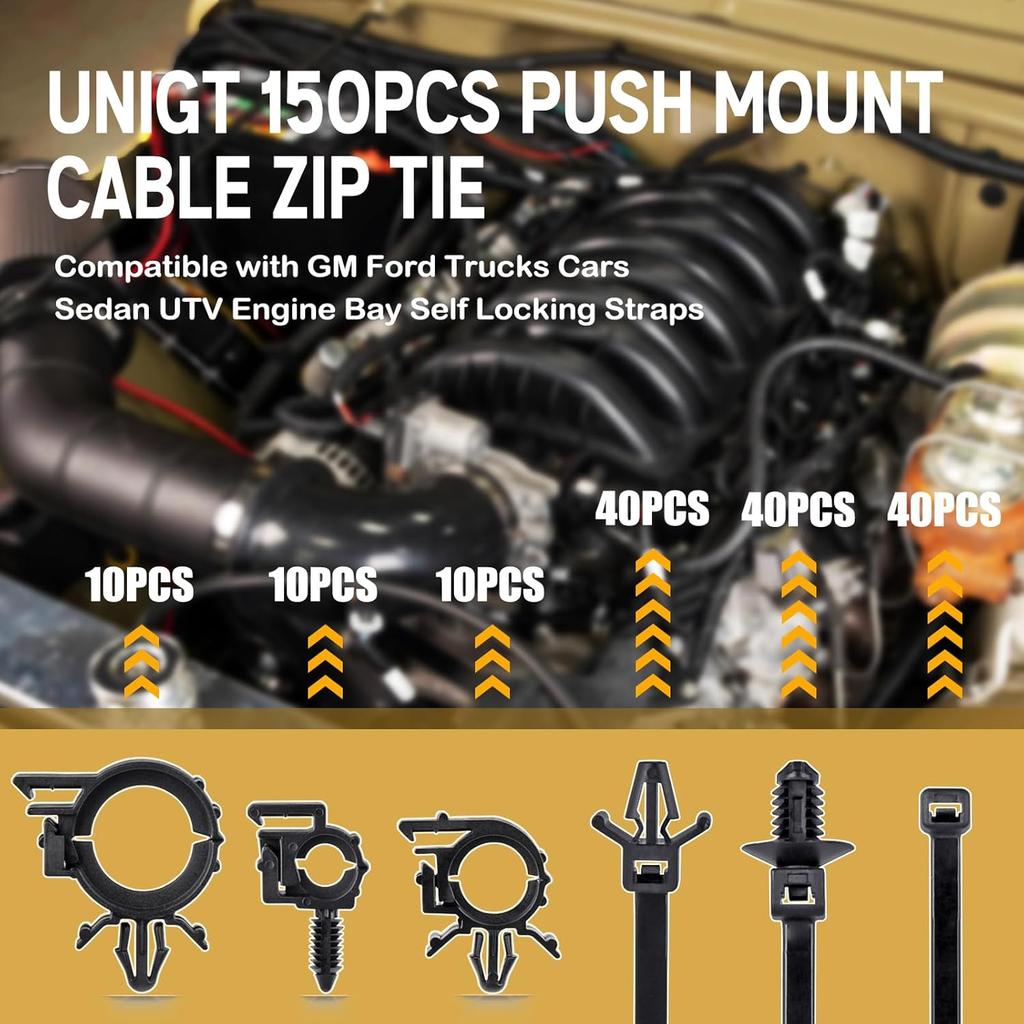 150Pcs Nylon Universal Cable Tie Buckle, Push Mount Cable Zip Tie With Car Wire Loom Routing Clips, Universal Compatible With GM Ford Trucks Cars