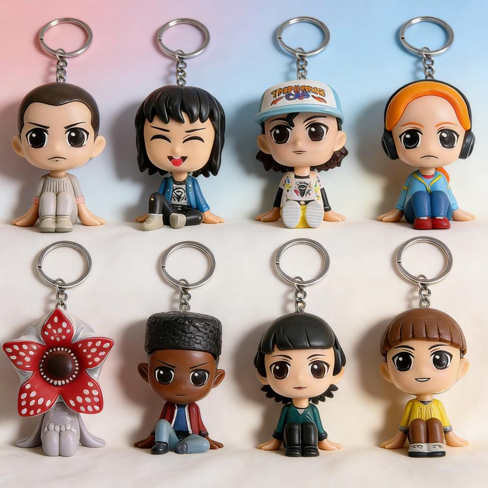 8pcs Q version Stranger ELEVEN Demogorgon DUSTIN Barb Steve Robin Keychain Toy Vinyl Figure Pocket Things Keychain Scale Ratio Model Toy