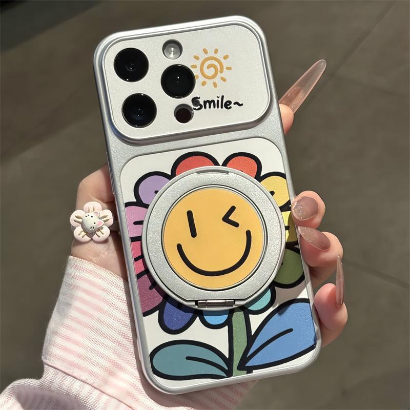 ins Sunflower smiley face rotating bracket is suitable for Apple 17Promax large window mobile phone case IP16/15 New 14
