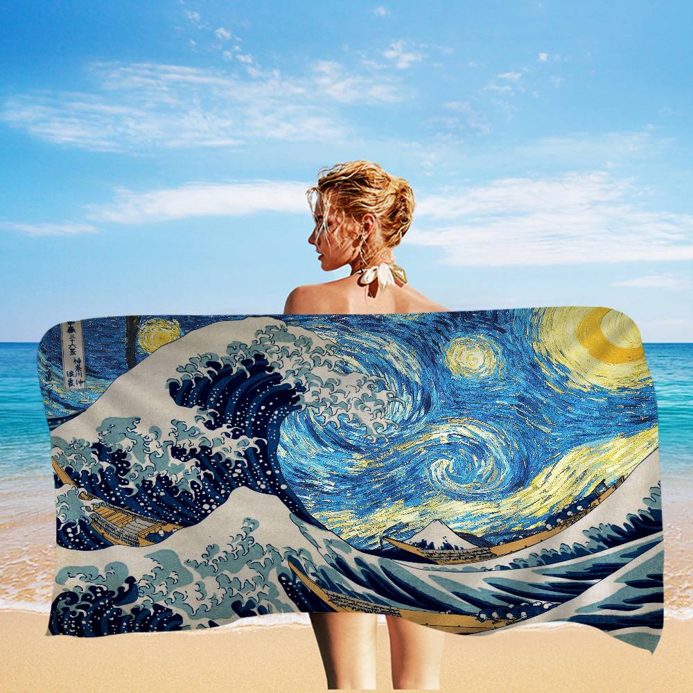 Japanese Wave Art Bath Towel Microfiber Soft Water Absorbing Breathable For Girl Kids Decorative Cartoon Beach Towel