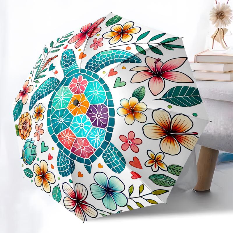 Turtle Theme Design Folding Umbrella-Fashionable Auto-Open Design 8 Iron Ribs Plastic Handle Foldable Sunshade,Perfect Gifts