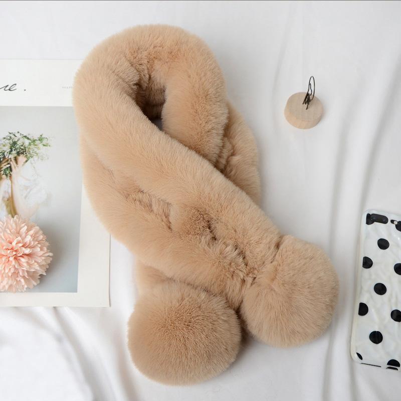 Thick Winter Women Neck Warmer Collar Neckerchief Plush Cross Scarf Faux Rabbit Fur Thickened Plush Ball Thermal Scarf
