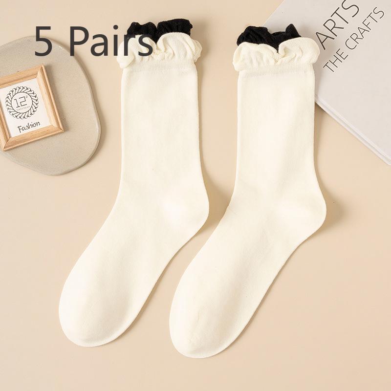 

5 Pairs Grey Socks Women s Cotton Yarn Mid-calf Socks Spring and Autumn Tide Jk Clashing Ballet Style Lace Stacked Socks Autumn 5 pairs чёрный/молочный белый