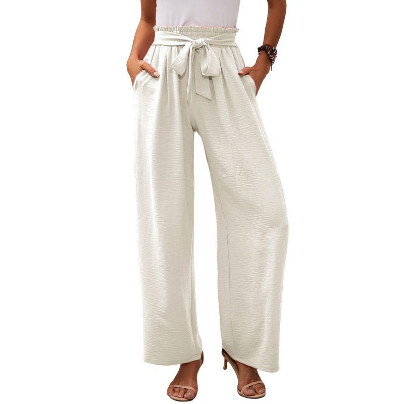Solid Color Elastic Waistband Tied Pants Solid Elastic Waist Tether Pants Women