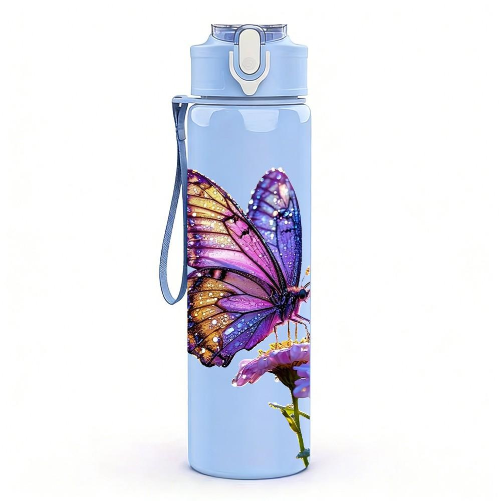 1PC Colorful Butterfly On Purple Flower Print 750ml Color Plastic Sports Water Bottle Leakproof Flip Straw Lid Suitable for Sports Office Home Use