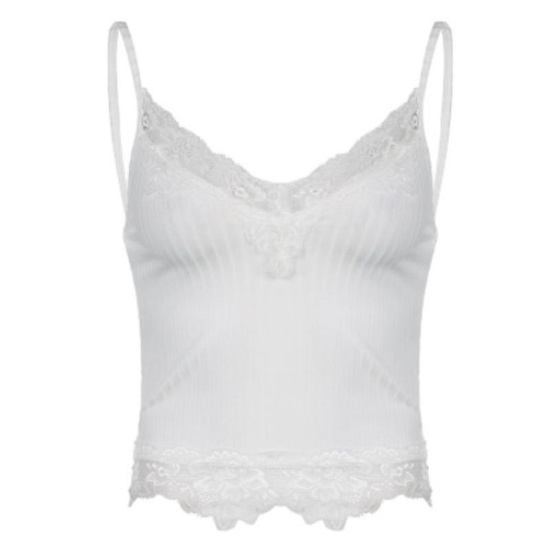 

Кружево Кружево Сращивание Ямочка Полоса Глубокие Бретели Лето Новая Женская Одежда Открытый Пупок Сексуальный Облегающий Маленький Жилет S белый