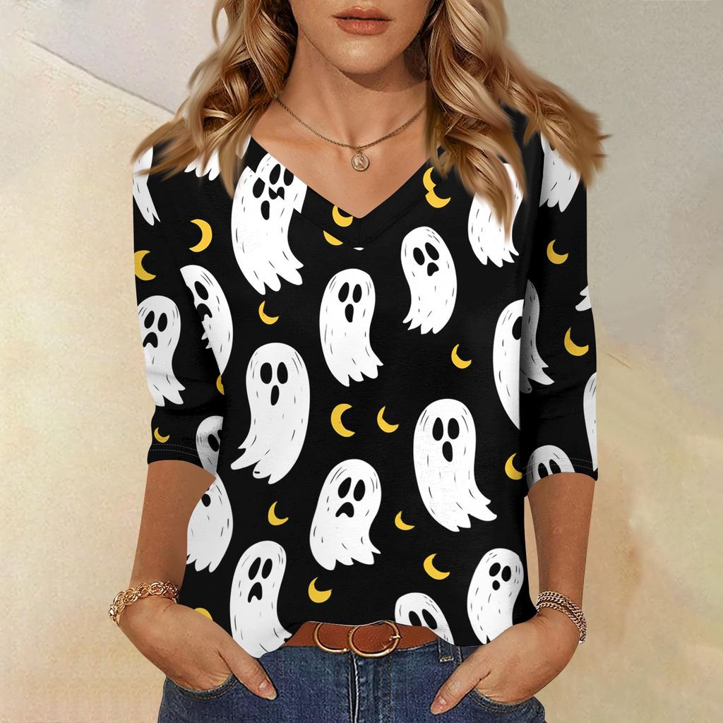 Women's Casual Halloween Print V Neck Three Quarter Sleeve Top Lightweight Soft Fabric Comfortable Fit Stylish Fall Shirt