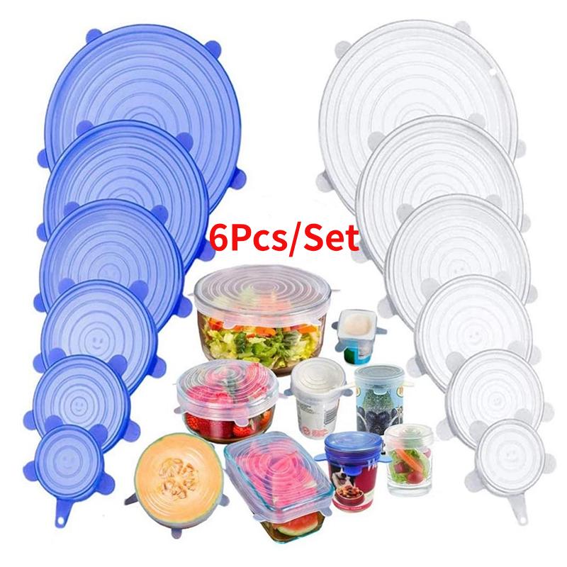 

6 шт./компл., силиконовая крышка, универсальная растягивающаяся крышка для миски, многоразовая крышка для еды, упаковочная пленка, крышка для чаши, кухонные инструменты