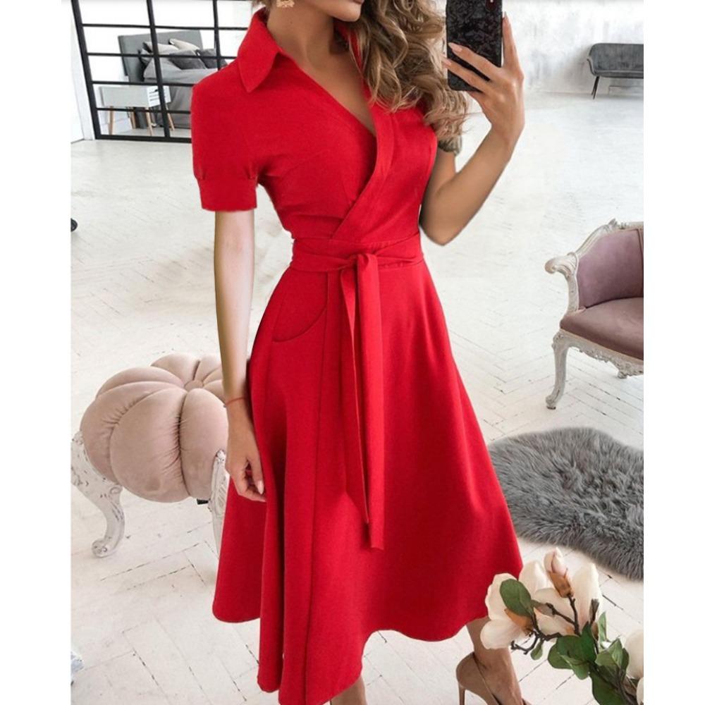 HNXC Women's Fashion Summer Spring Solid Color Print Short Sleeve V-Neck Casual Dresses
