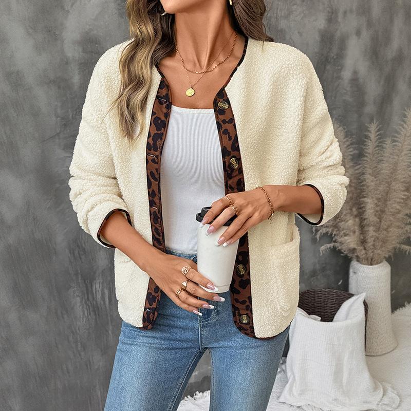 YYFS Women's Fashion Casual Leopard Print Autumn Winter Long Sleeve V-Neck Jackets & Coats