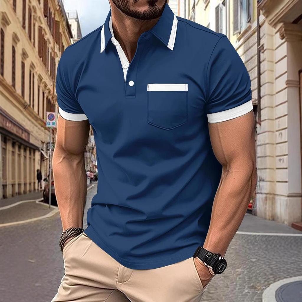 Summer 2025 Men's Casual POLO Shirt - Fashionable Patchwork Short Sleeve with Pocket