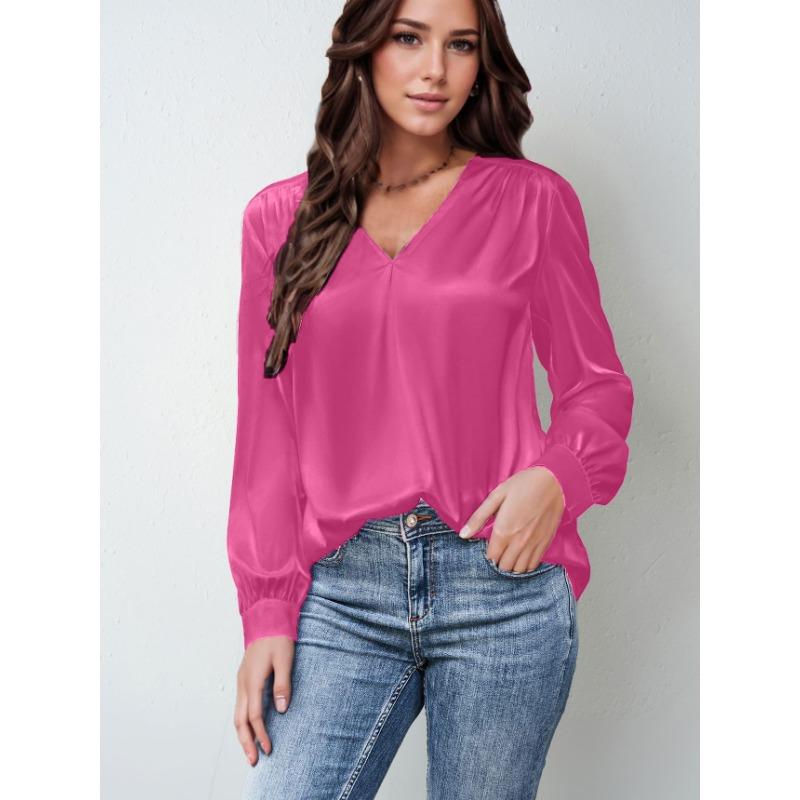 Plus Size Women's Pleated Long Sleeve V Neck Casual Loose Commuter Top