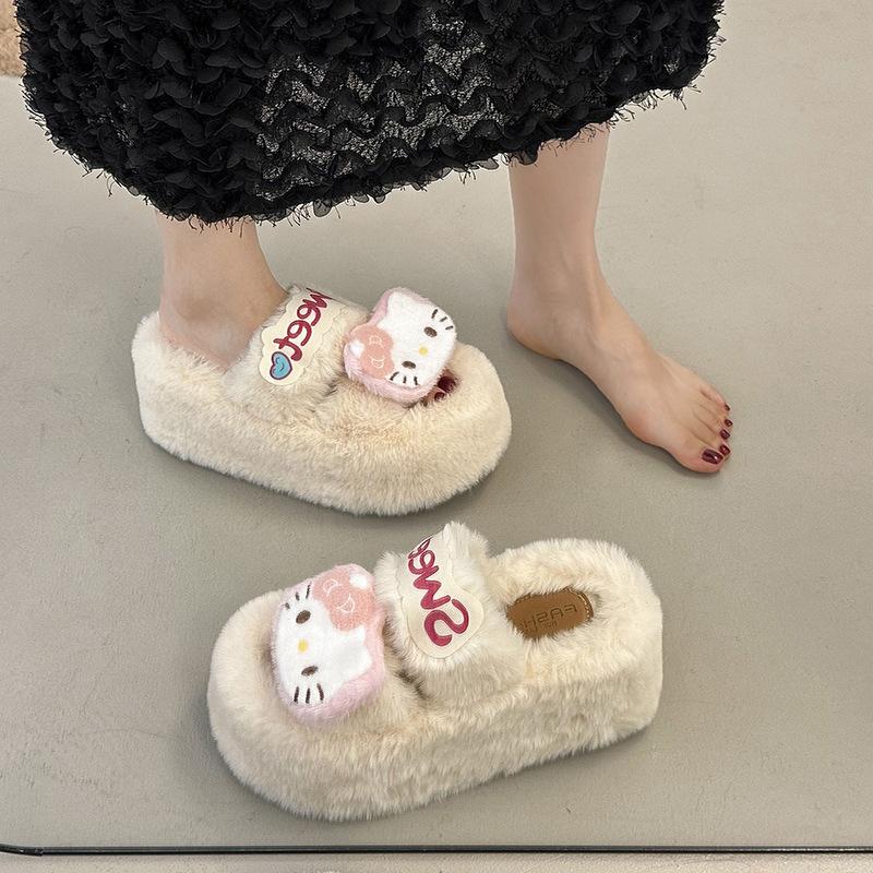 Cartoon Cute KT Cat Fluffy Slippers Women's Autumn and Winter Wear 2025 Autumn New Thick Bottom Home Indoor Cotton Mop