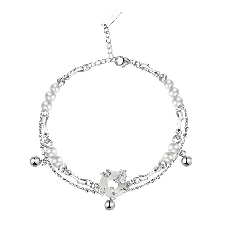 Niche S925 Sterling Silver Safety Buckle Bracelet, Women's Platinum Handmade Short Pearl Bracelet