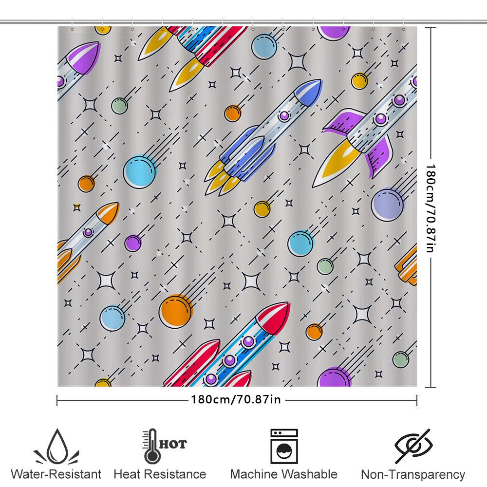 Space-themed Shower Curtain with Rockets Modern Bathroom Decor for Kids' Room or Nursery!