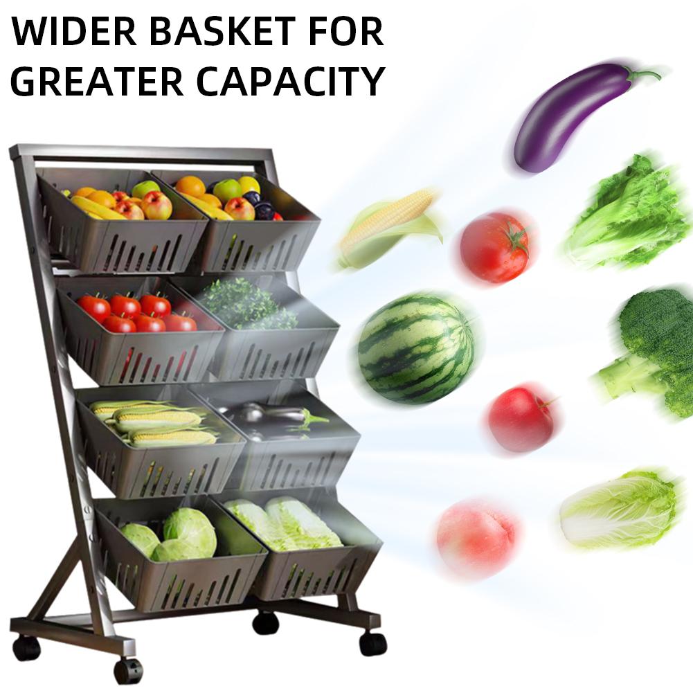 4-Tier Kitchen Storage Cart with Rolling Wheels Fruit and Vegetable Basket Fruit Basket Stand for Kitchen Floor & Pantry