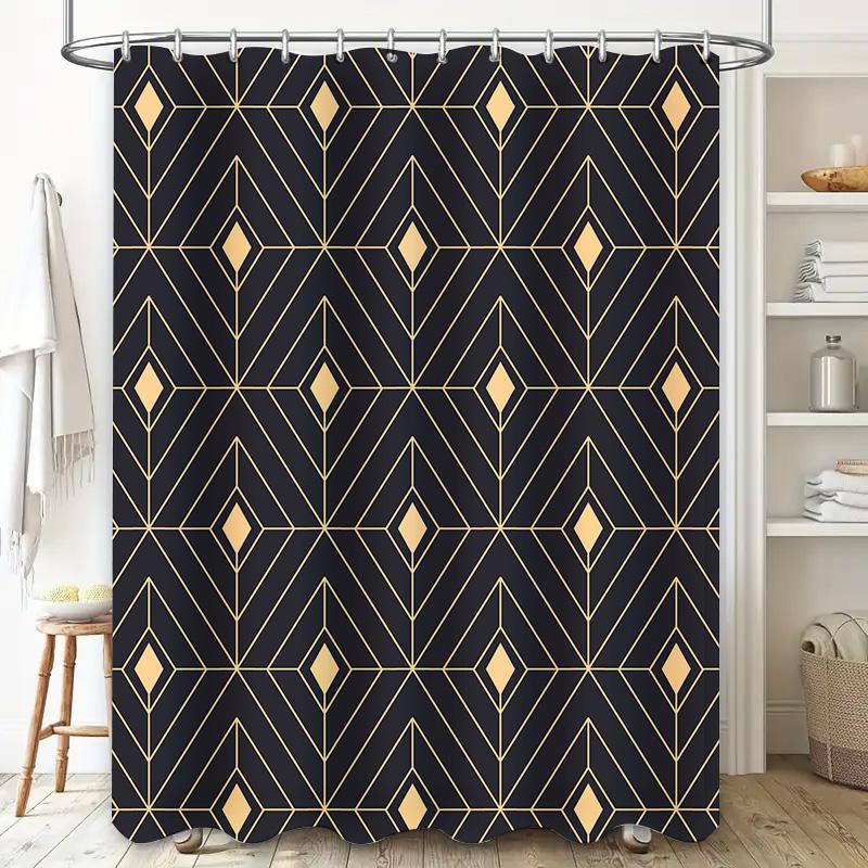 Art Deco Duschvorhang 3D Schwarz Gold Diamantenmuster Badezimmerdeko Wasserdichter Stoff Duschpaneel-Set für Kinderbadezimmer (128