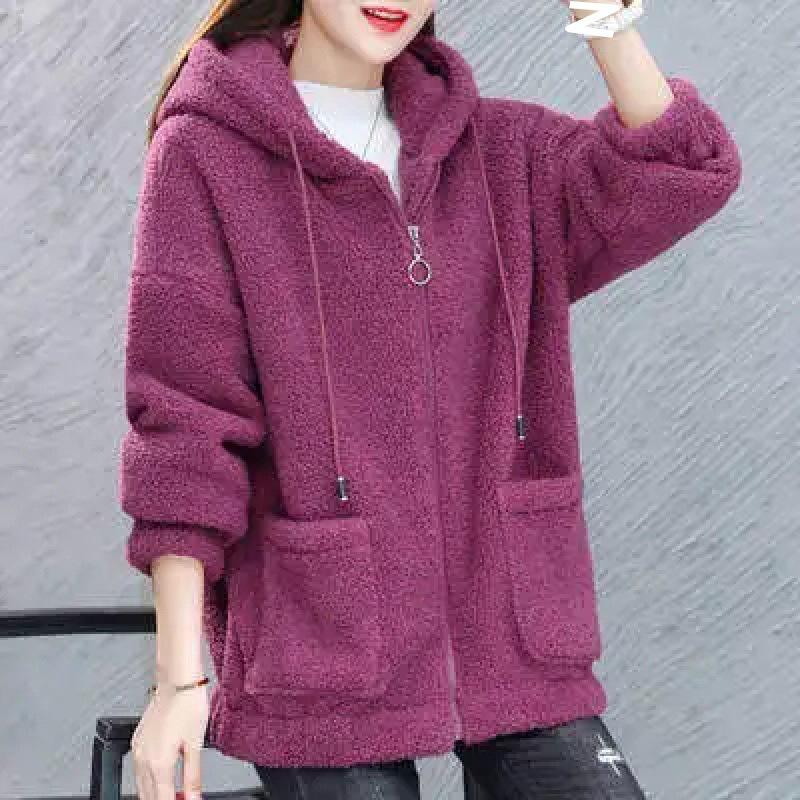 

Women s Thickened Sweatshirt New Autumn and Winter Loose Korean Style Zipper Cardigan Teddy Velvet Jacket M