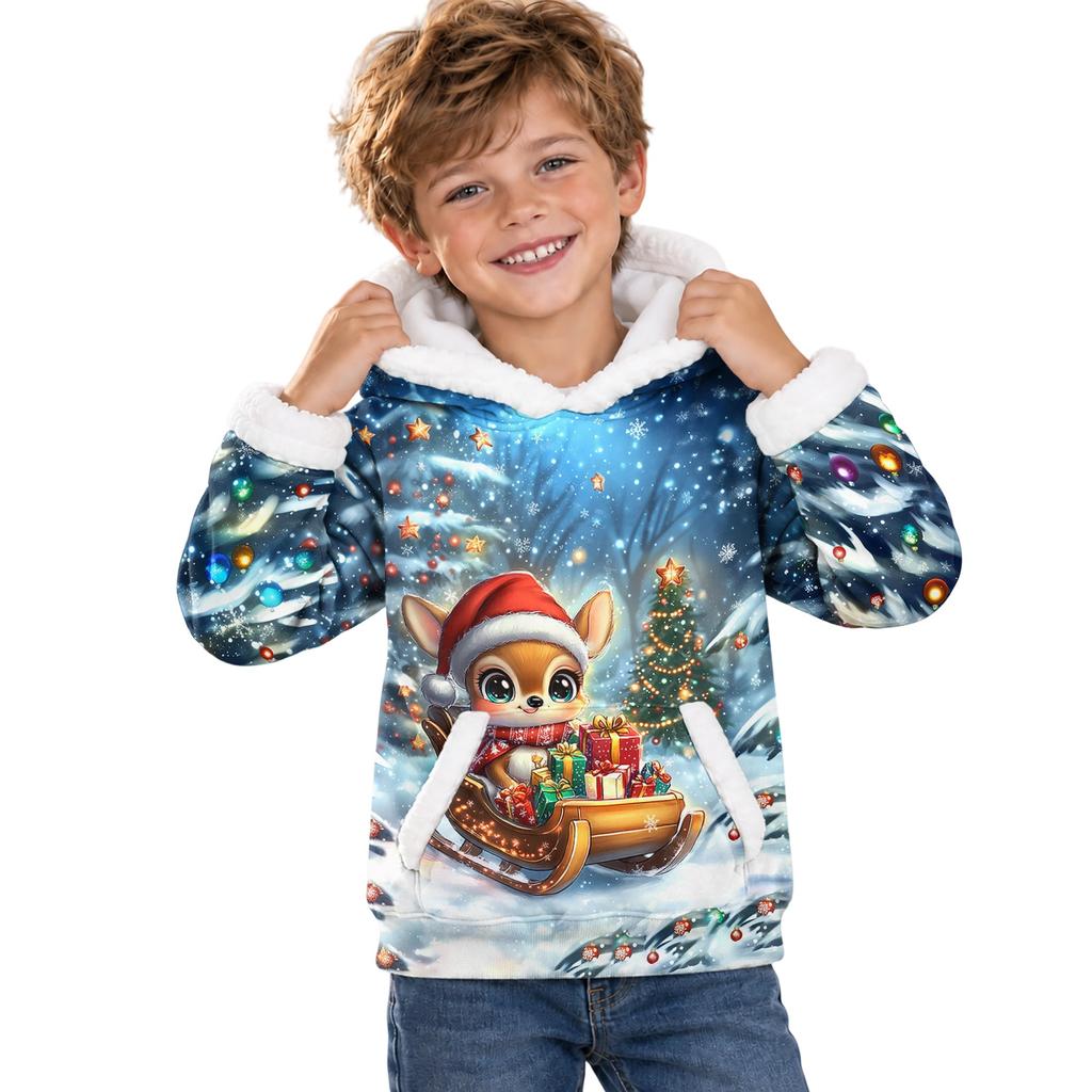 Kids Long Sleeve Christmas Print Hoodie Casual Pullover Sweatshirt for Boys and Girls