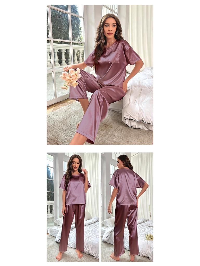 Yaoting Women's Summer Ice Silk Pajama Set - Short Sleeve Top & Long Pants, Loose Fit Casual Homewear 3147