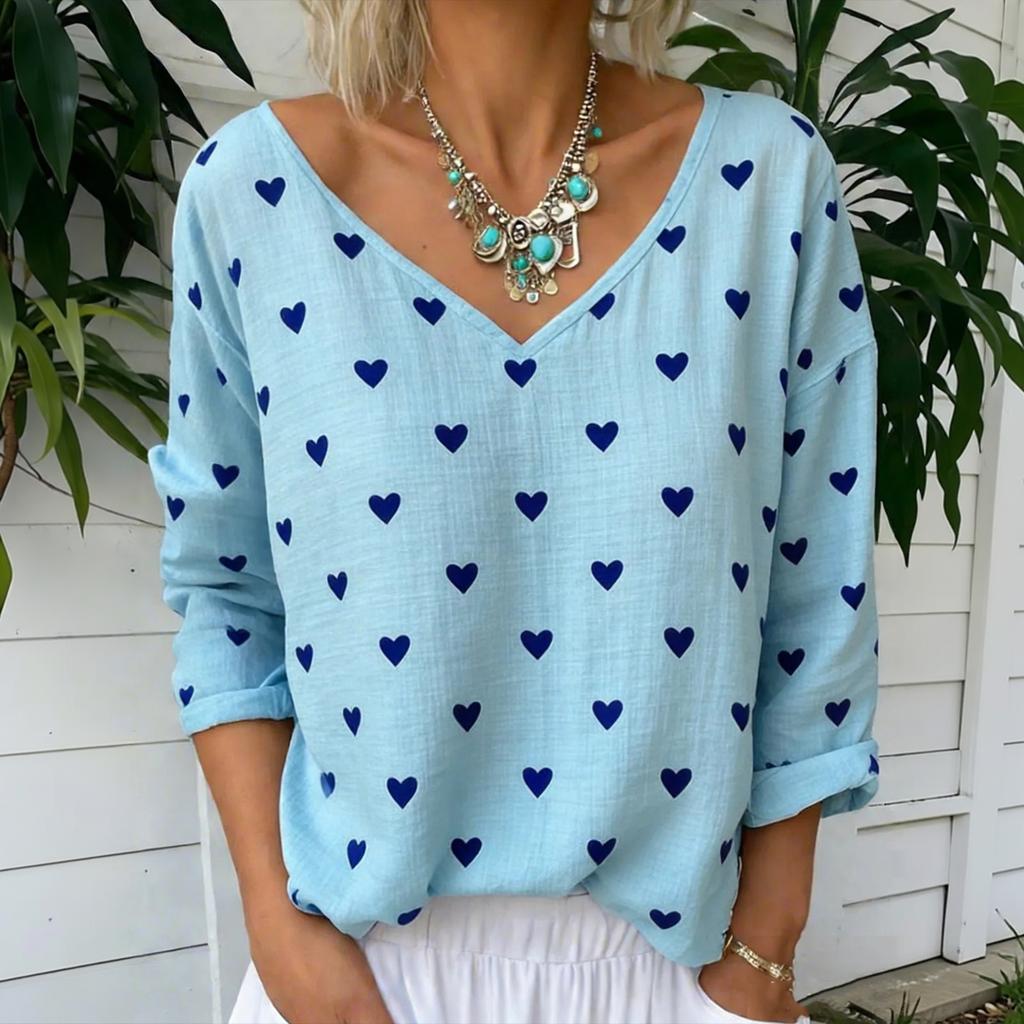 Women's Casual Loose Fit Long Sleeve V Neck Top Heart Print Cotton Linen Blouse Lightweight Breathable Comfortable Fabric