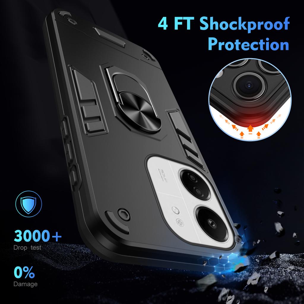 For Xiaomi Redmi 13C 5G/13C 4G/13R 5G/Poco C65 4G/Poco M6 5G Case PC+TPU Drop Defend Phone Cover with Ring Kickstand