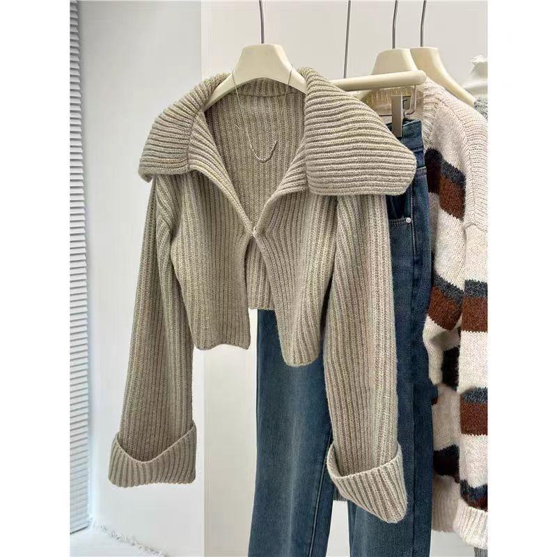 Elegant Knitted Cardigan Women Short Sweater Jacket Spring and Autumn Long Sleeve Casual Korean Fashion Lapel Coats Solid Simple Office Clothes