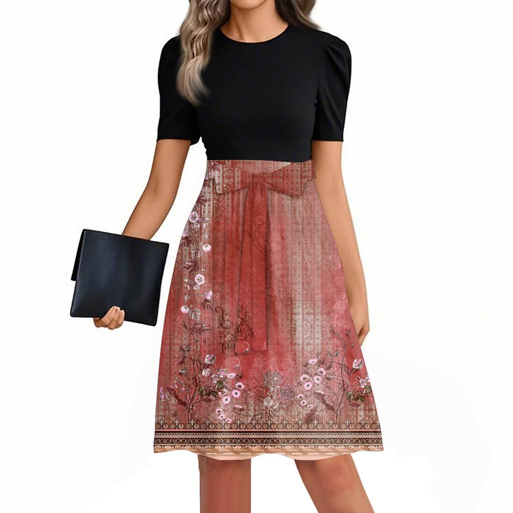 Dámské módní ležérní šaty s krátkým rukávem, kulatým výstřihem a potiskem patchworku