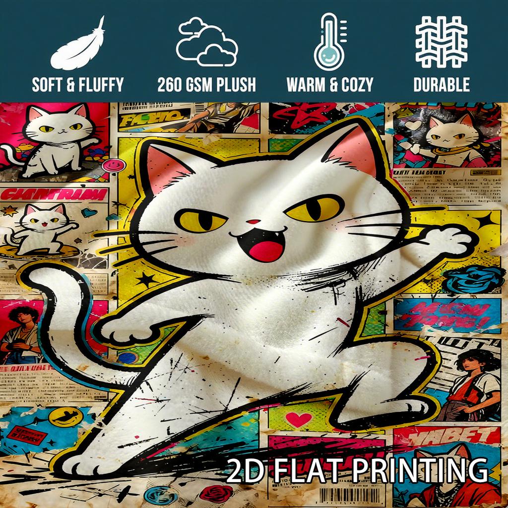 Cartoonstyle White Cat Trendy Theme Flannel Printed Blanket Suitable for All Seasons Suitable for Living Office Sofa and Travel