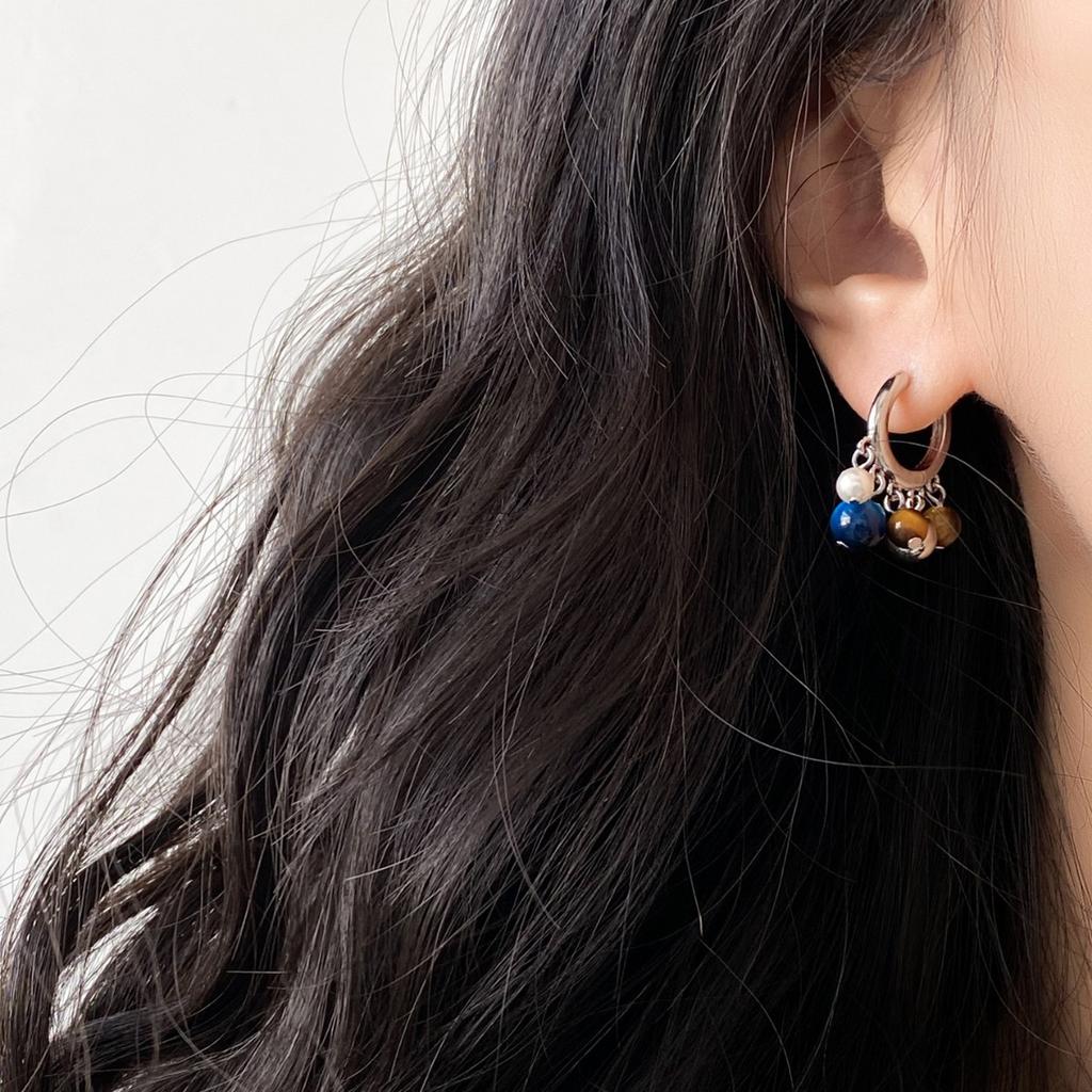 New Chinese-style blue-brown contrasting natural stone earrings, simple stud earrings, autumn and winter fringed earrings.