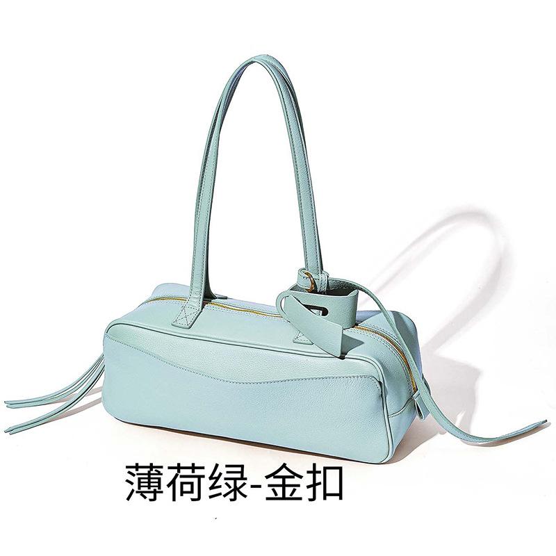 New Bowling Bag Simple and Fashionable First Layer Cowhide Messenger Women's Bag Baguette Bag