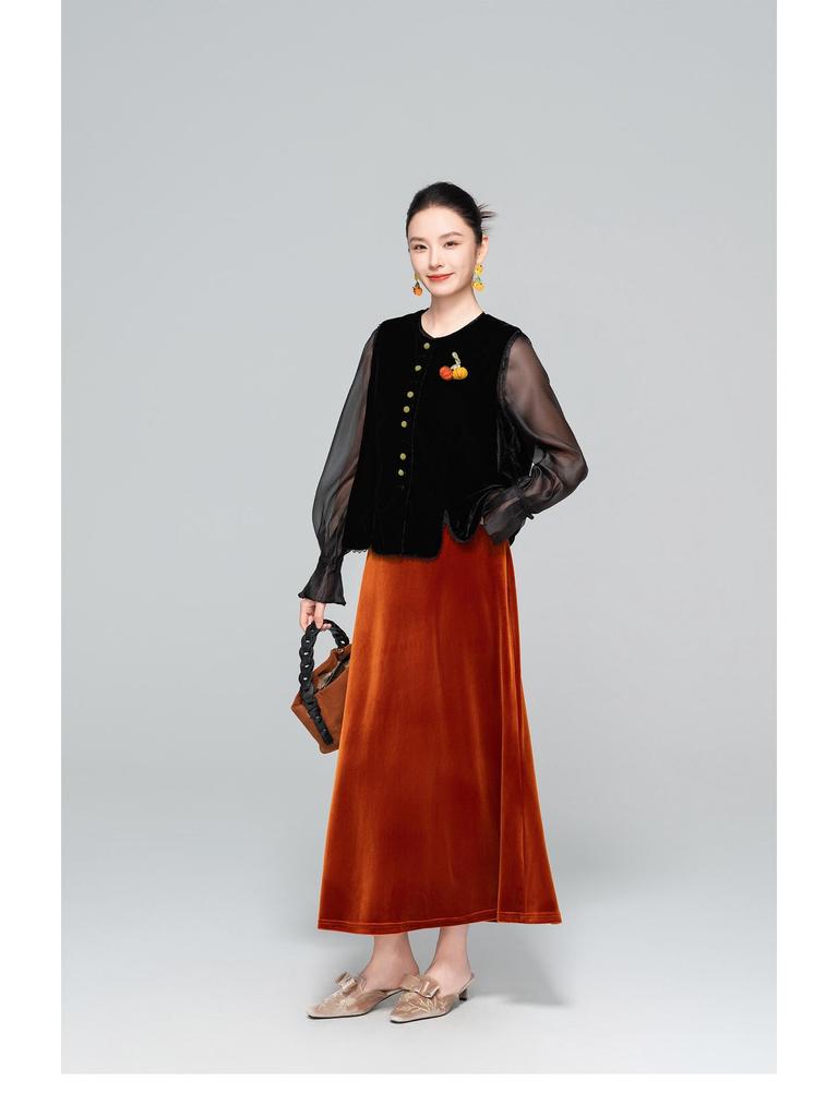 Samt-Fischschwanzrock mit hoher Taille - Damen Schlankmachend A-Linie, Nationalstil, Neu Herbst 2025