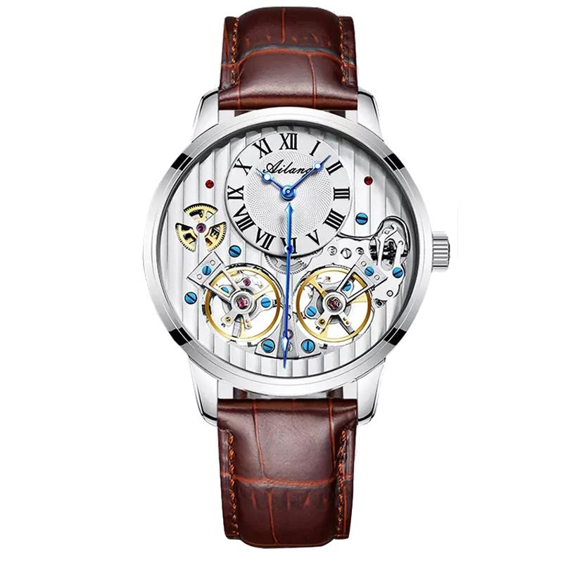 AILANG Orologi da Uomo Nero Doppio Tourbillon Cinturino in Pelle Orologi Meccanici Automatici Tourbillon Volante Impermeabile