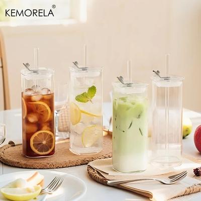 1/2PCS Modern Square Tumbler Glasses Clear Highball & Old Fashioned Cocktail Glasses with Straws for Iced Coffee Juice Beer Milk