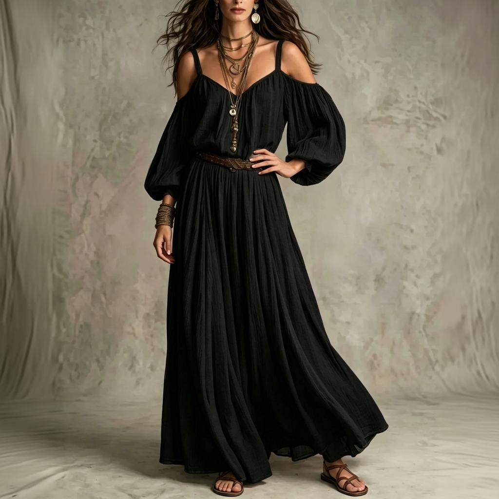 Γυναικείο Χρωματιστό Μακρύ Φόρεμα Off-Shoulder με Πτυχώσεις και Ριλάξ για Διακοπές